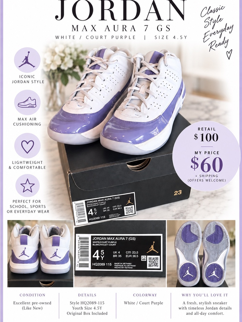 Jordan Kids Sneakers in White and Court Purple